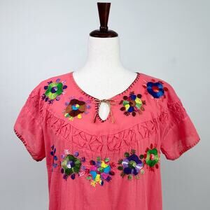 Vintage Handmade Embroidered Floral Bohemian Cotton Smocked Peasant Top MEDIUM